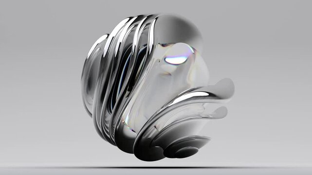 3d render of abstract art video with surreal 3d organic ball in curved wavy smooth and soft bioforms in mirror glossy silver metal material with glass parts, with dispersion effect on grey background