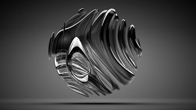 3d render of abstract art monochrome black and white video animation with surreal disc sphere in curve wavy organic liquid lines forms in translucent plastic material on dark grey background
