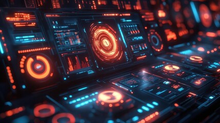 Obraz premium Smart home technology setup with futuristic interfaces, sleek devices, neon lighting, high-tech atmosphere, photo-realistic