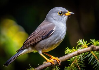 Fototapeta premium Grey Feathered Bird with Distinctive Yellow Beak Perched on a Branch in Natural Habitat Setting