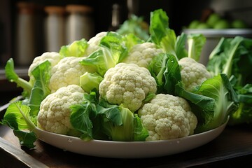 Obraz premium Close fresh green cauliflower photo on the gray table., generative IA