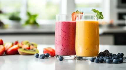 Two glasses of smoothies, one pink and one yellow, with fresh fruits and berries scattered around them.