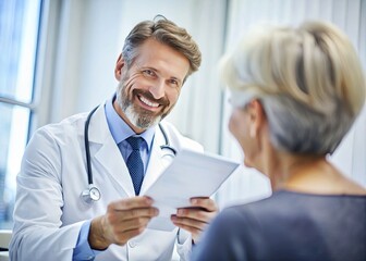 Fototapeta premium Happy Doctor Smiling While Providing Prescription to Patient in Medical Office at Healthcare Facility