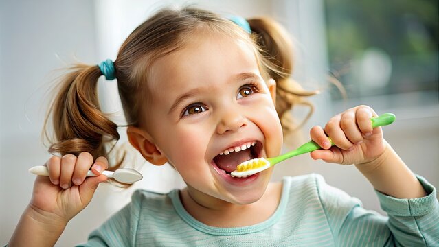 Happy little girl enjoying the moment of learning proper teeth brushing techniques with joy