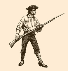 American Patriot during the American Revolutionary War holding muzzle-loading flintlock musket with bayonet, wearing tricorne hat