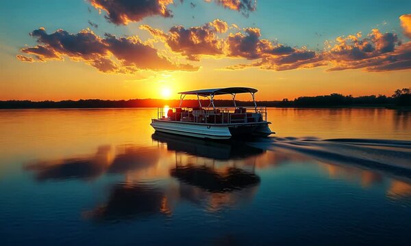 A pontoon boat sailing on a lake with a stunning sunset, capturing the idyllic and peaceful nature of a quiet evening on the water, ideal for relaxation and reflection. Video