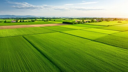 A large field of green grass with a few houses in the background
