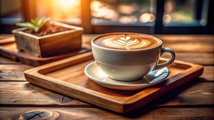 Hot cappuccino coffee cup with latte art on wooden tray at cozy cafe table with space for text