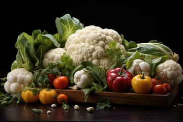 Front view of fresh cauliflower with vegetables on the gray table, generative IA