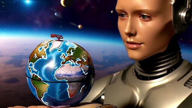 alien planet earth, futuristic robot holding earth, symbolizing tech's impact on humanity