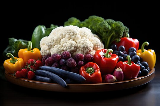 Superior view fresh vegetables peppers marmelo cumcuats cauliflower purple kiwi , generative IA