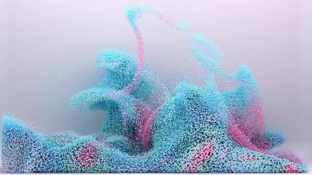 3d render of abstract art video animation 3d background with surreal motion moving festive wavy party balls sphere particles liquid substance in blue purple yellow gradient color in rectangle shape