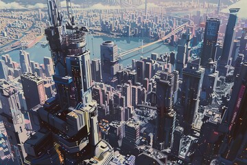 Fototapeta premium A stunning sci-fi environment set on a futuristic planet, featuring advanced technology and awe-inspiring landscapes that merge innovation and the unknown