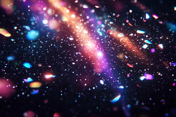 Beautiful iridescent light on black background, Dark background with a prism light effect, Glowing colorful lights and bokeh lens flare overlay, sunlight refraction, Shiny lights in the dark