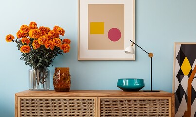  Fresh blooms in bright orange and yellow sit atop a wooden sideboard, framed by geometric decor and a retro glass dish, creating a cheerful modern space. Mock up. 