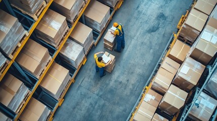 Workers organizing packages in a large warehouse during the day, ensuring efficient inventory management and storage practices