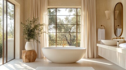 Fototapeta premium A minimalist bathroom in soft beige tones, featuring gold fixtures, a freestanding bathtub, and large windows allowing natural light to pour in