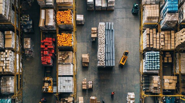 Aerial view of a busy warehouse filled with organized stacks of boxes and goods during daylight hours