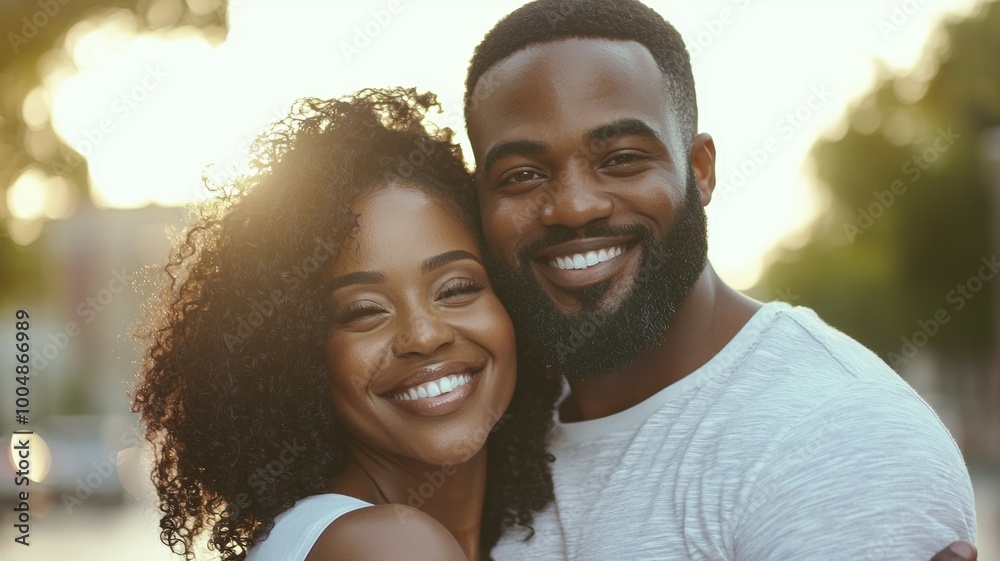 Canvas Prints A man and woman are smiling and hugging each other on a street