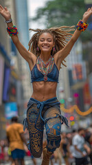 Dancing in the streets of New York. Cheerful woman dancing modern dance with group of colleagues -...