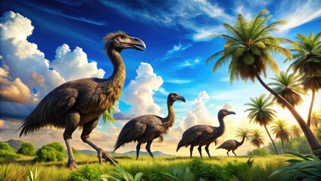 Majestic Giant Terror Birds Roaming the Wilderness Under a Bright Blue Sky in a Natural Habitat