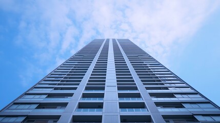 A low angle view of a tall building against a clear blue sky.