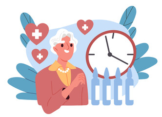 Elderly woman with medicines. Pensioner with nasal or eye drops. Healthcare and medicine, treatment. Old woman with medical support. Flat vector illustration isolated on white background