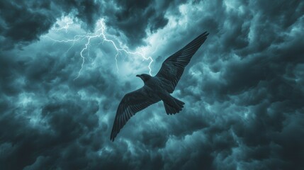 Obraz premium Bird soaring through stormy skies with dramatic lightning.