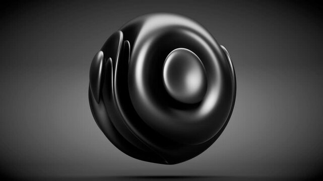 3d render abstract art 3d sculpture with surreal alien ball sphere dark in curve wavy spherical biological lines forms in matte black rubber material on black background