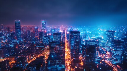 Fototapeta premium An aerial view of a city skyline at night, with many bright lights.