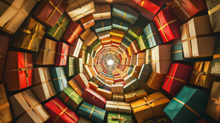 Colorful gift boxes arranged in spiral pattern create festive atmosphere, leading to bright center.
