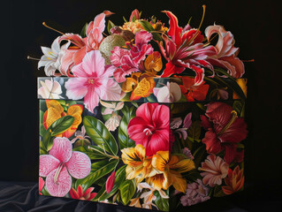 A beautifully detailed gift box adorned with vibrant, exotic flowers, showcasing rich array of colors and intricate designs.