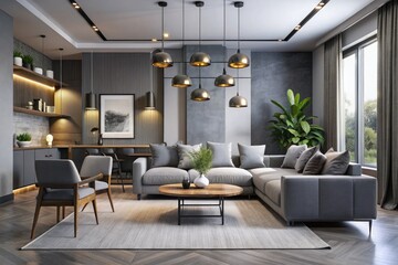 Modern Grey Interior Design Featuring Sleek Furniture, Minimalist Decor, and Stylish Lighting Fixtures