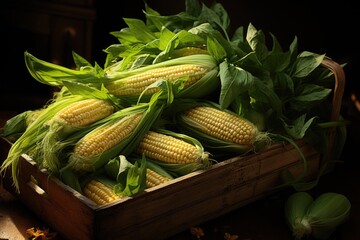 Espigas of organic corn in a wooden box, generative IA
