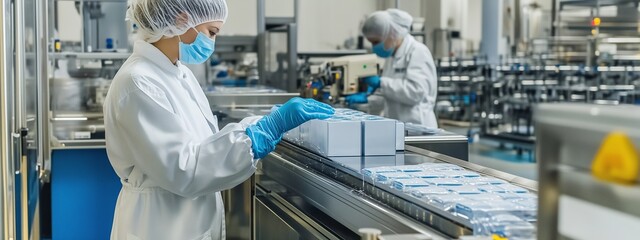 Workers in protective gear packaging products in a modern manufacturing facility during the daytime