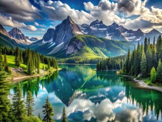 Fototapeta premium Nature's Wonders Unveiled: A Stunning View of Mountains, Lakes, and Lush Greenery in Harmony