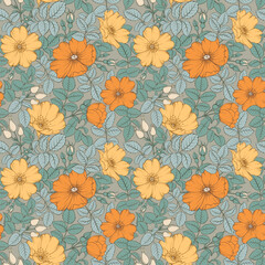 Beige floral pattern with Rose. Botanical rosehip