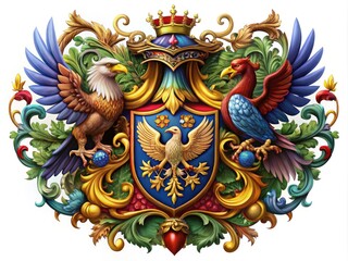 Ornate Family Crest Featuring a Majestic Bird in Detailed Heraldic Design and Vibrant Colors