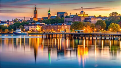 Panoramic View of Old Town Alexandria Piers at Dawn from Potomac River in Virginia Historic District