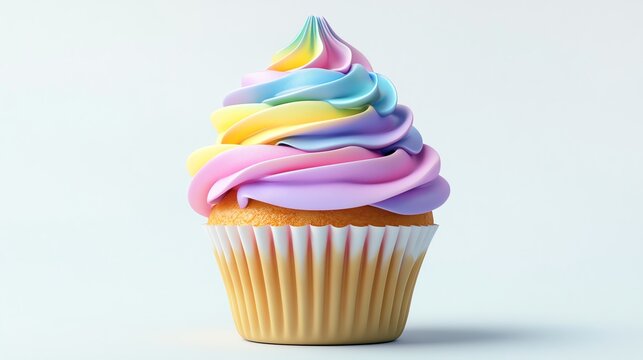 A single cupcake with colorful frosting on a white background.