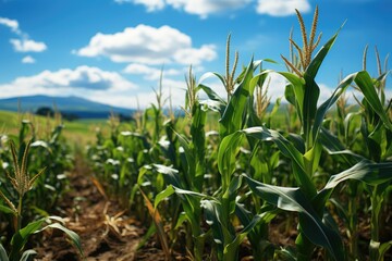 A cornfield with a blue sky in the background, generative IA
