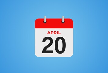 Icon calendar day. 20 April. 20th days of the month, illustration style. Date day of week Sunday, Monday, Tuesday, Wednesday, Thursday, Friday, Saturday. 