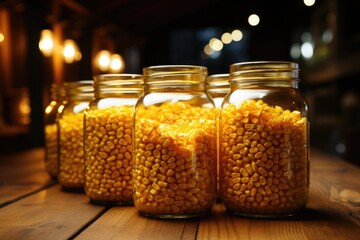 Side view of fresh and organic corn grains in a glass jar with isolated grains o, generative IA