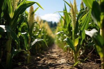 Front view of a cornfield whose plants reached its maximum height, generative IA