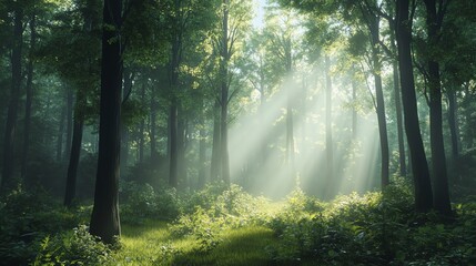 Obraz premium Sunlight streams through a dense forest, creating a mystical and magical atmosphere.
