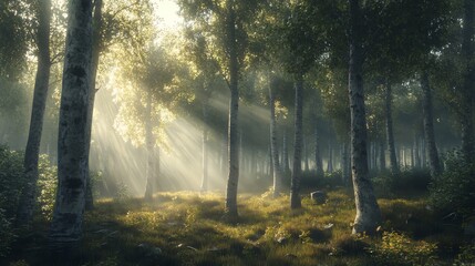 Fototapeta premium Sun rays shining through the trees in a misty forest.
