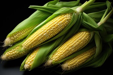 Upper view of corn ears on the right and white side with copy space, generative IA