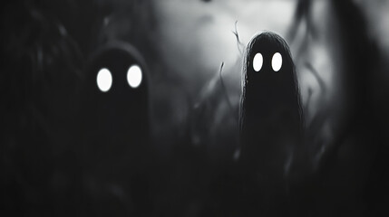 Mysterious black-and-white illustration of two ghost-like figures with glowing eyes standing in a misty, dark forest. The minimalist style creates a spooky, eerie atmosphere.