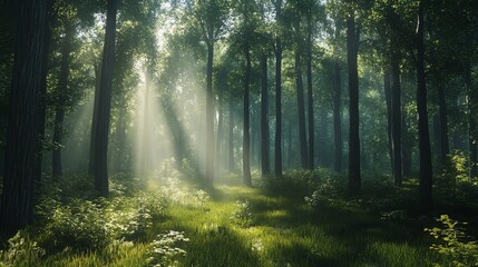 Fototapeta premium Sunbeams break through the canopy of a misty forest, illuminating the green grass and leaves.