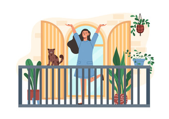 Woman rest at balcony. Young girl on balcony with cat and plants in flower pots. Comfort and coziness. Patio and veranda. Flat vector illustration isolated on white background